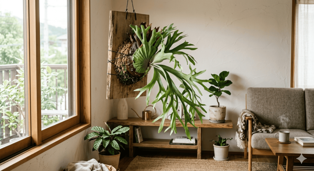 室内に置かれたコウモリランの観葉植物