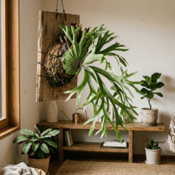 室内に置かれたコウモリランの観葉植物