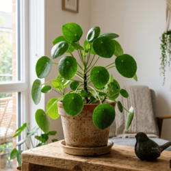 室内に置かれたピレア・ペペロミオイデスの観葉植物