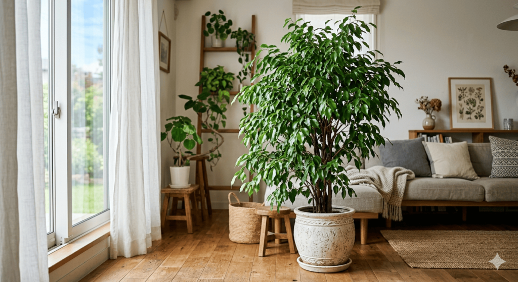 室内に置かれたベンジャミンの観葉植物