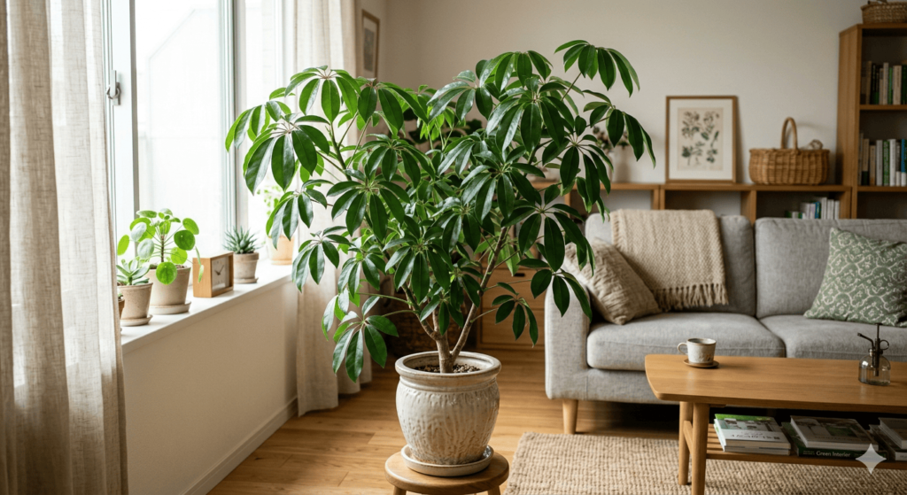 室内に置かれたシェフレラ(カポック)の観葉植物