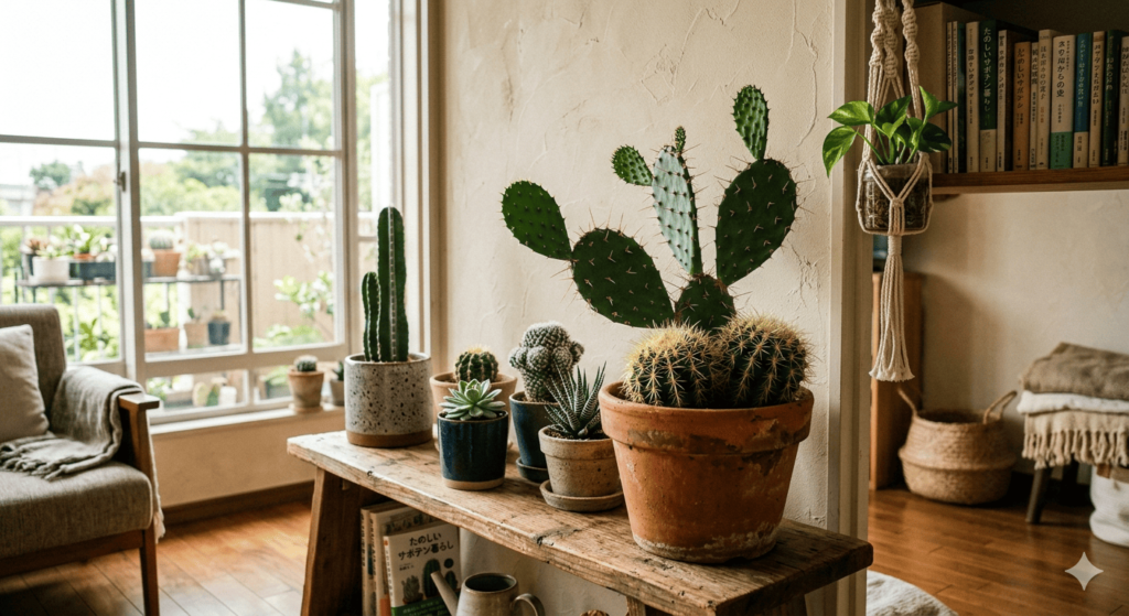 室内に置かれたサボテンの観葉植物